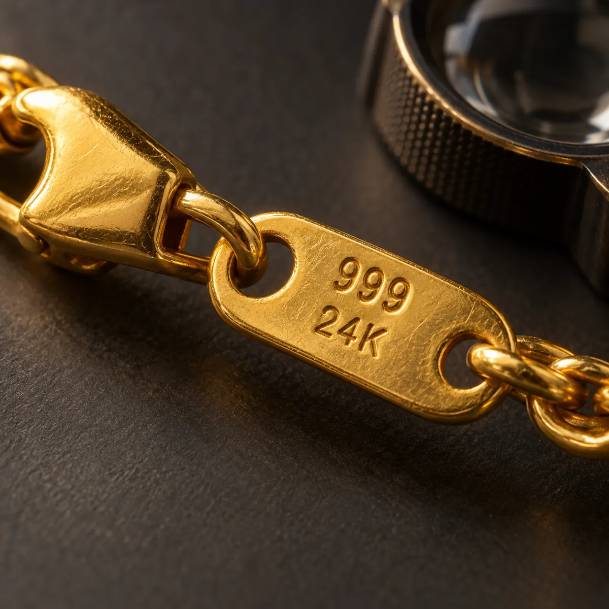 Macro shot of the 999 fineness and 24K purity hallmark stamped on a gold chain clasp tag