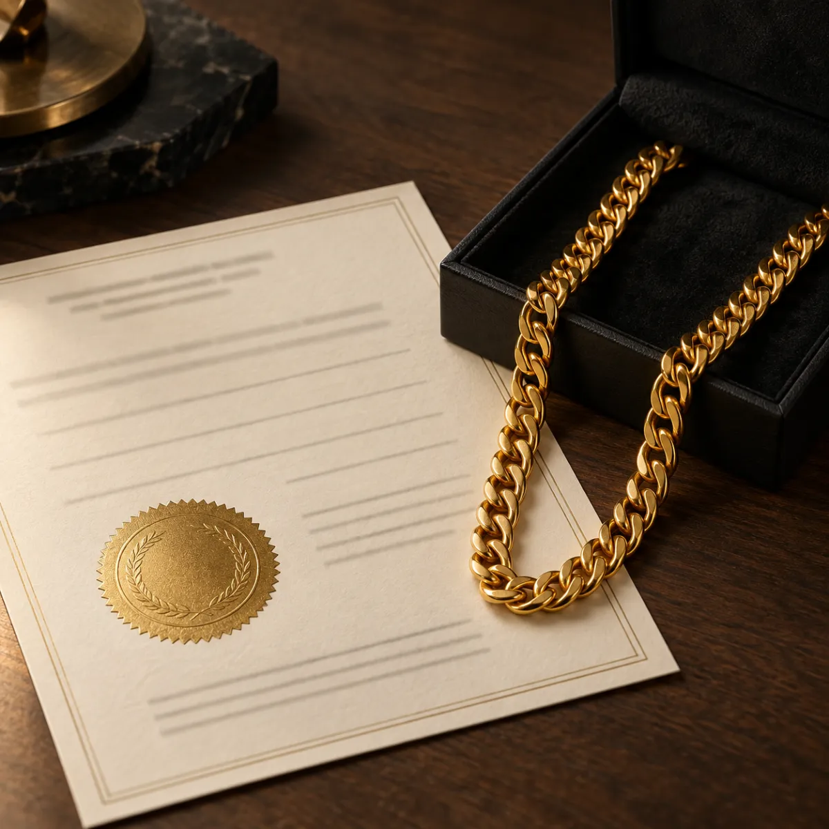 Certificate of authenticity with embossed assay seal beside a certified 24K gold chain