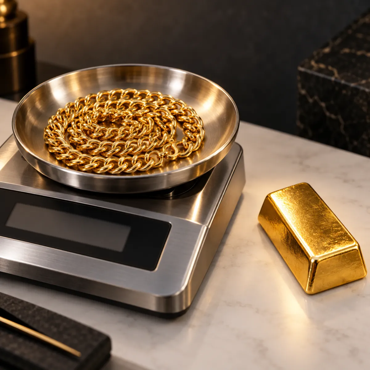24K gold chain weighed on a jeweler's precision scale next to a cast gold bullion bar