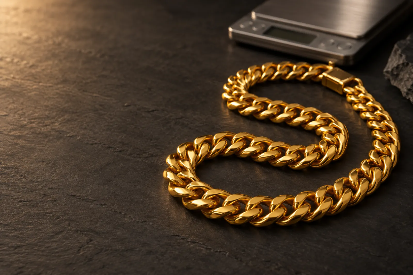 Solid 24K gold curb chain necklace coiled beside a jeweler's gram scale